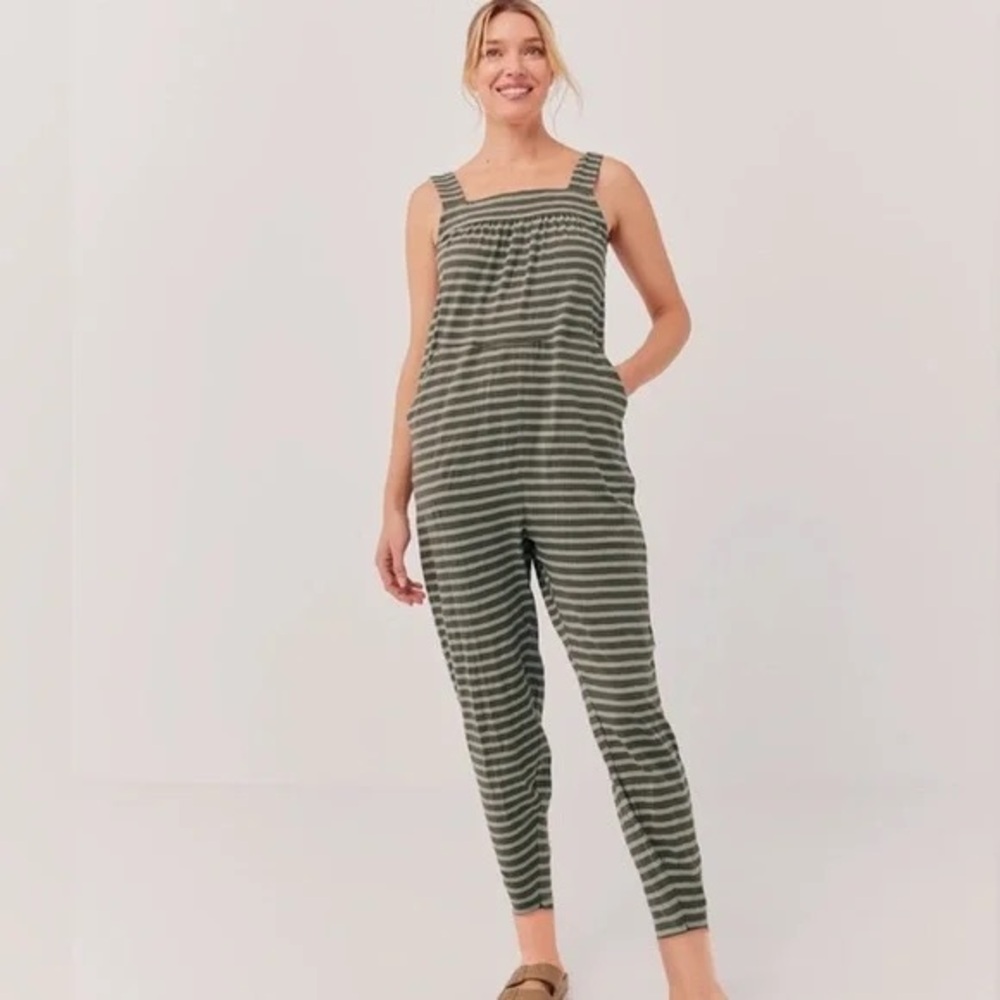 NEW Pact Relaxed Slub Overall Jumpsuit - Size Medium Stripe Organic Cotton